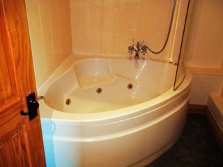 Corner whirlpool bath with a shower over